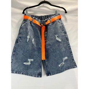 NWT Reshake Blue denim shorts with orange buckle belt. Distressed Style Size 31